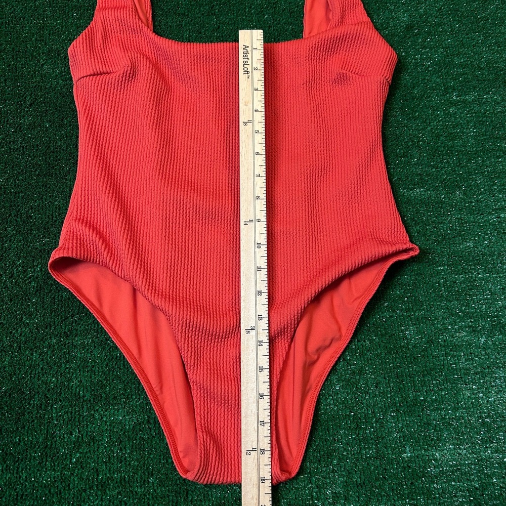 Monday Swimwear One Piece Swimsuit W L Coral Red Textured Square Neck Low Back - Picture 10 of 13